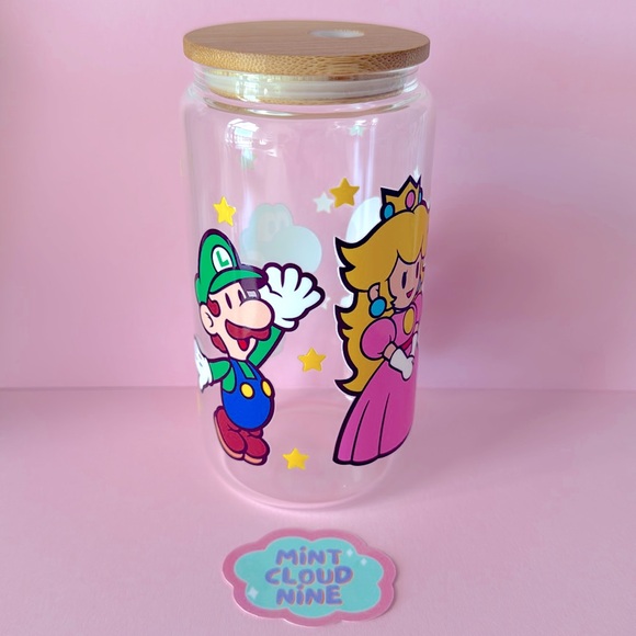 ❗️2/$22❗️CAN GLASS CUP BAMBOO LID & STAINLESS STEEL STRAW - MARIO FRIENDS - Picture 3 of 4